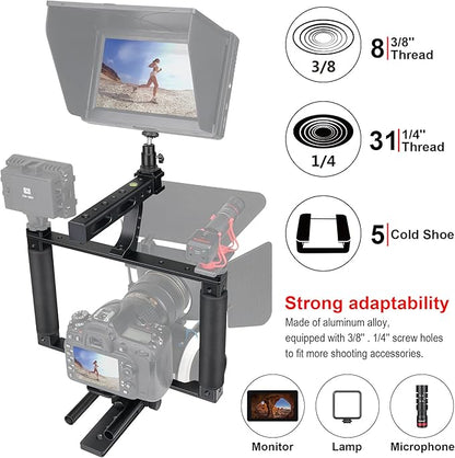 Universal Aluminum Alloy DSLR Mirrorless Camera Camcorder Stabilizer Extension Cage Mount for Mic Monitor Light, Movie Making Rig YouTube Tiktok Vlogging Video Kit w/Phone Holder for Canon Sony Nikon