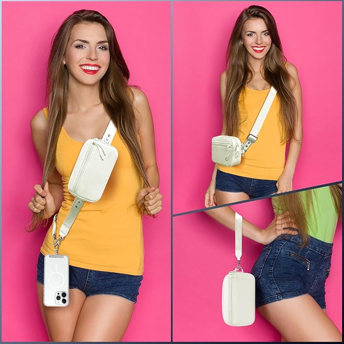 Clip and Go Strap for Phone with Wallet Crossbody, Adjustable Phone Lanyard with Detachable RFID Wristlet Wallet, Cream (L)