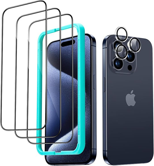 ESR 3+1 Pack for iPhone 15 Pro Screen Protector, 3 Black Edge Tempered-Glass Film and 1 Set Camera Lens Protector, 2.5D Curved Edges, Full-Coverage Military-Grade Protection, Scratch Resistant