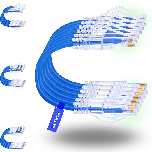 Rapink Patch Cables Cat6/ Cat6a 2ft (24 Pack) Slim, Cat6a Ethernet Patch Cable 10G Support, Snagless Cat 6 Patch Cable for Patch Panel to Switch, Flexiable Cat6 Ethernet Cable Blue