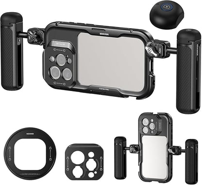 NEEWER 16 Pro Cage with Two Quick Release Side Handles, Phone Video Rig Kit with 67mm Filter Adapter, 17mm Lens Mount, T Mount Lens Adapter Compatible with iPhone 16 Pro (PA073+PA045E+PA045B)