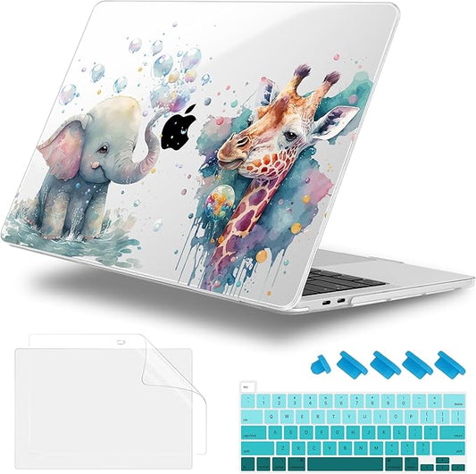 Lepeoac Case for MacBook Pro 13 inch Case M2 2022-2016 A2338 M1 A2251 A2289 A2159 A1989 A1708 A1706, Plastic Hard Shell + Keyboard Cover + Dust Plug - Elephant & Giraffe