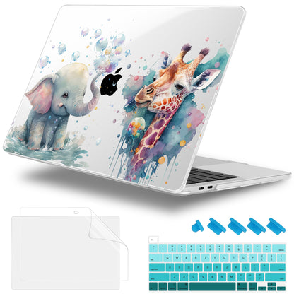 Lepeoac Case for MacBook Pro 13 inch Case M2 2022-2016 A2338 M1 A2251 A2289 A2159 A1989 A1708 A1706, Plastic Hard Shell + Keyboard Cover + Dust Plug - Elephant & Giraffe