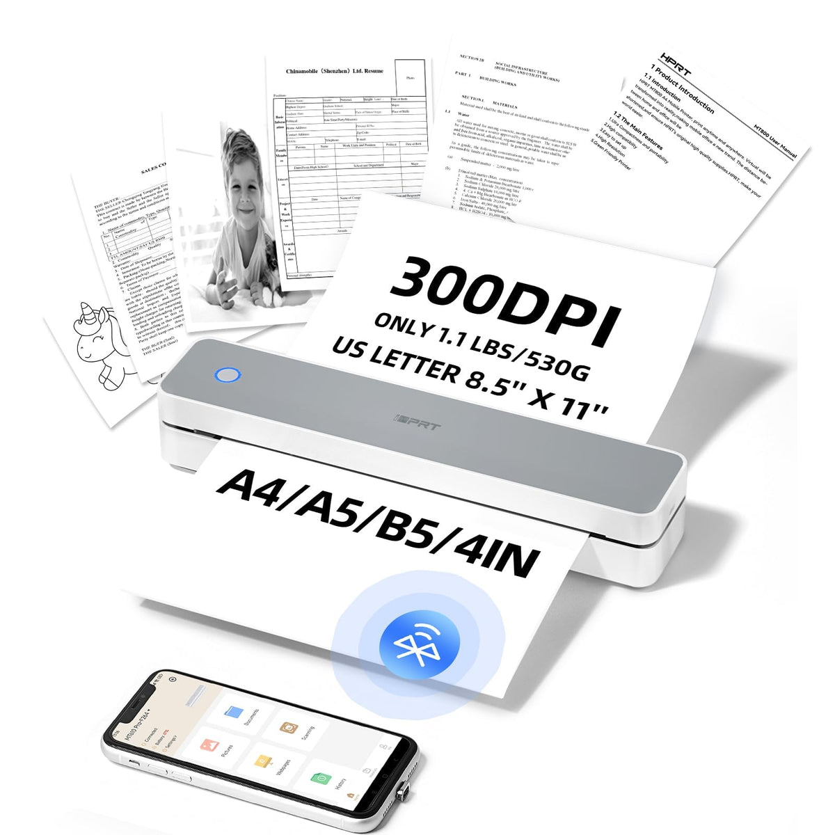 Portable Thermal Printer Wireless for Travel, 300DPI Inkless Small Printers