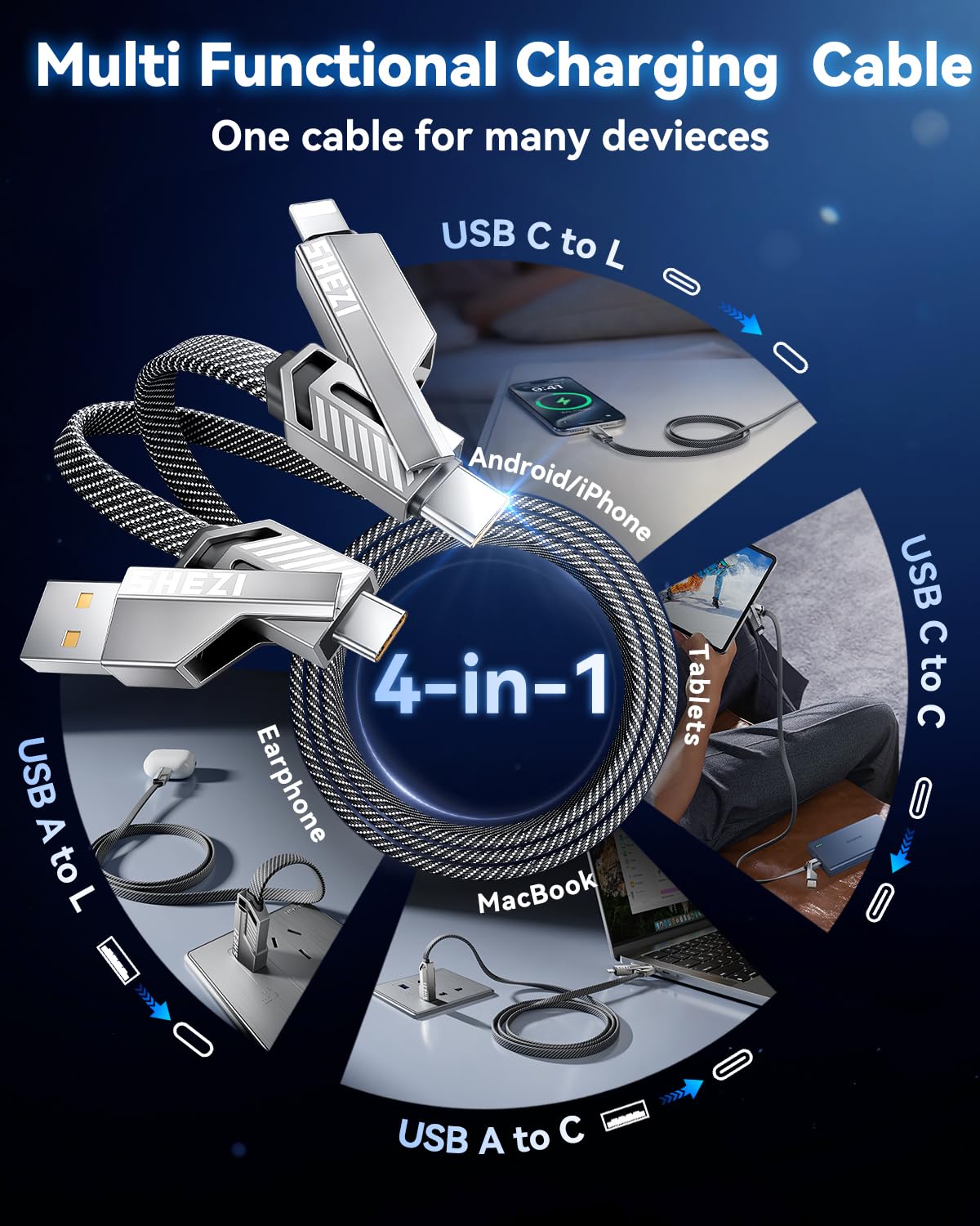 4 in 1 USB C to Lightning Cable, 5FT Flat Braided Super Fast Charging Cable