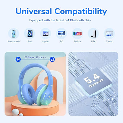 EarFun K4 Kids Bluetooth Headphones, Wireless Headphones with LED Lights, 74/85/94dBA Volume Limited, Built-in Mic, 90H Playtime, Bluetooth 5.4 Over Ear Headphone for iPad/Tablet/PC/School (Green)