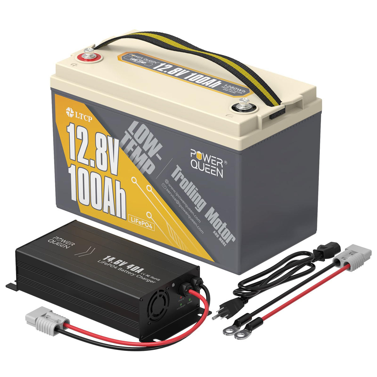 Power Queen 12V 100Ah Low-Temp LiFePO4 Battery with 12V 20A Lithium Charger