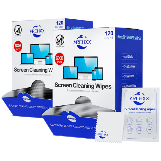 ARCHXX Screen Wipes for Electronics, 120 Count 6"x6" Pre-Moistened Screen Cleaner for Screens, Computer,Laptop,Tablet,Phone,Monitor,Car Screen Cleaner, Lens Wipes Individually Wrapped
