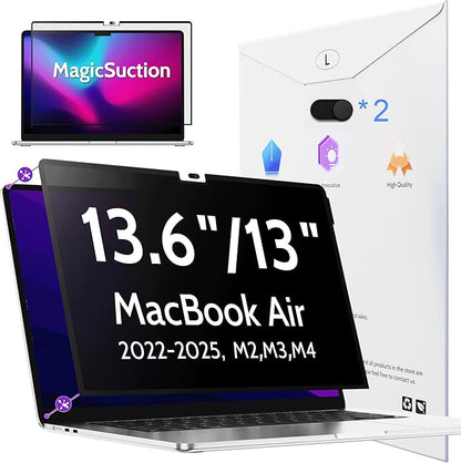 Privacy Screen for MacBook Air 13.6/13 Inch (2022-2025, M2, M3, M4) - A2681, A3113, A3240 MagicSuction™ Removable Anti Spy Black Protector, Glare Blue Light Filter for Mac Laptop Computer