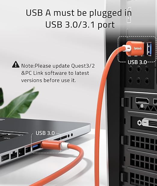 Syntech Link Cable 16 FT Compatible with Meta Quest 3S/Oculus Quest 3, Quest2/Pro/Pico4 Accessories and PC/SteamVR, High Speed PC Data Transfer, USB 3.0 to USB C Cable for VR Headset, Blood Orange