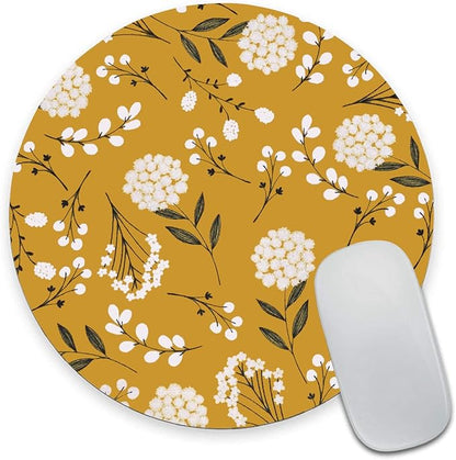 Round Mouse Pad, Cute Floral Mouse Pad with Design, Computer Mouse Mat, Non-Slip Rubber Base Mousepad, Waterproof Women Office Mouse Pads, Yellow Flowers