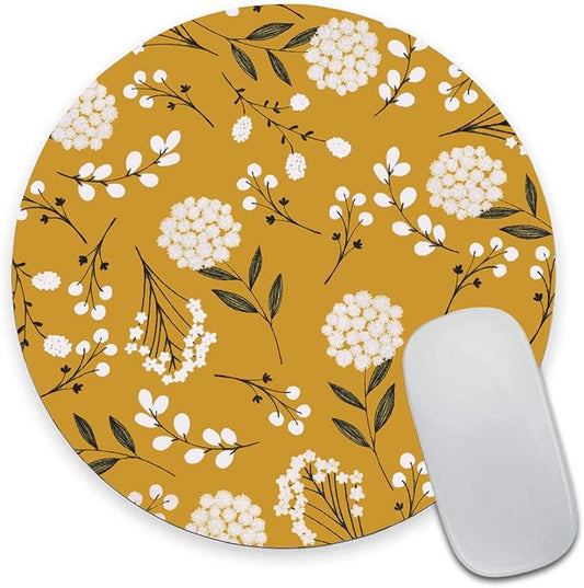 Round Mouse Pad, Cute Floral Mouse Pad with Design, Computer Mouse Mat, Non-Slip Rubber Base Mousepad, Waterproof Women Office Mouse Pads, Yellow Flowers