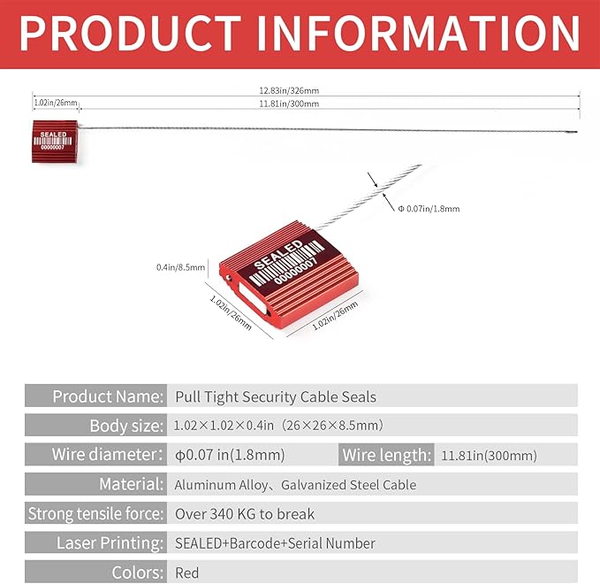 100 Red Steel Cable Seals With Barcode - High Security Numbered Truck Anti-Tamper Pull Tite Tags - Metal Container Shipping Self-Locking Safety Ties ISO 17712