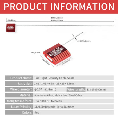 LeadSeals 100 Red Steel Cable Seals With Barcode - High Security Numbered Truck Anti-Tamper Pull Tite Tags - Metal Container Shipping Self-Locking Safety Ties ISO 17712
