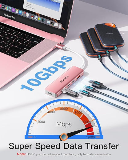 USB C Hub, 10Gbps USB 3.1 Adapter for MacBook, with 100W PD Charging, 2 USB C 3.1 10Gbps and 2 USB A 3.1 Data Ports, Compatible with Surface, XPS, Samsung, Dell and More (Rose Gold)