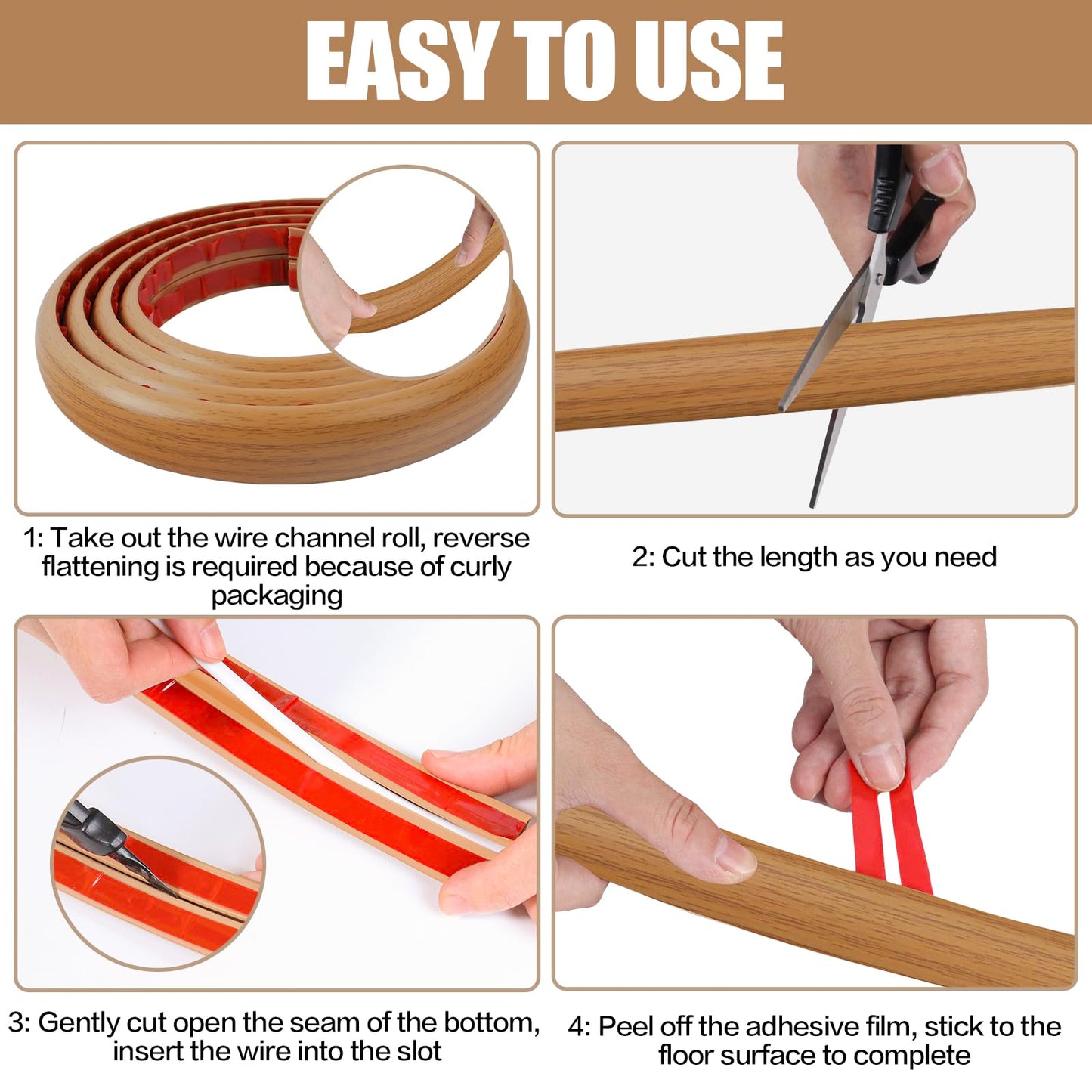 Floor Cord Cover Self Adhesive Cord Hider,3.3FT Cable Management, Extension Strip Protector for Wires, Prevent Cable Trips for Offices, Gyms, Exhibitions Cavity:0.39"(W) x 0.27"(H) Brown Wood