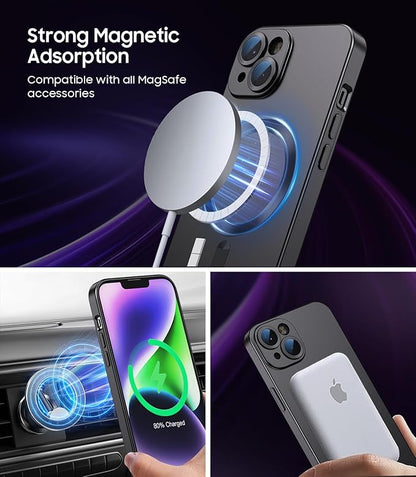 Magnetic for iPhone 14 Plus Case [Compatible with MagSafe][Built-in Camera Lens Protector] Slim Soft Silicone Bumper Shockproof Metallic Luster Phone Case (Black)