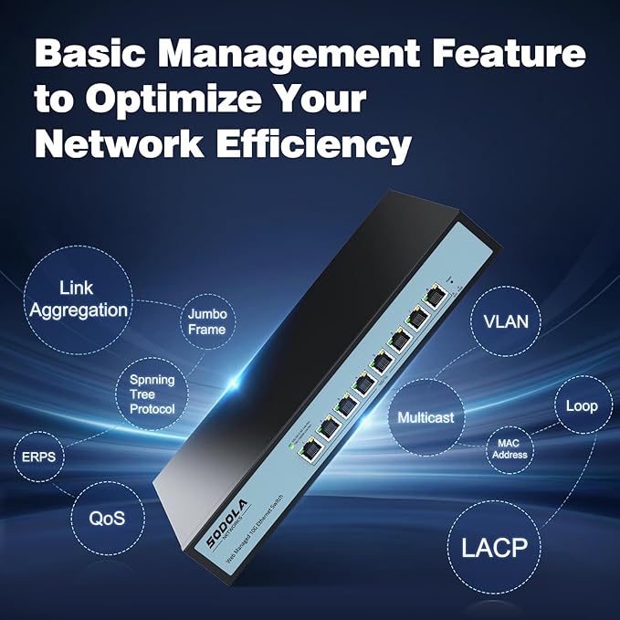 SODOLA 8 Port 10Gb Easy Web Managed Switch, 8 x 10G RJ-45 Ports, 160Gbps Bandwidth, Support LACP, VLAN, QoS, 10G/5G/2.5G/1000M/100M Auto-Negotiation, Multi-Gigabit Managed Ethernet Switch
