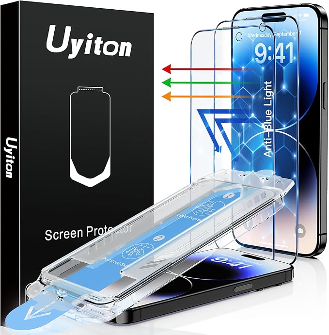 Uyiton Anti-Blue Light for iPhone 14 Pro Screen Protector - Unbreak-Glass Easy to Install Full Coverage Case Friendly Scratch Resistance 9H Tempered Glass Screen Protector for iPhone 14 Pro, 2 Pack