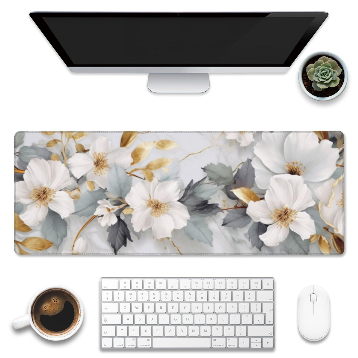 Eflxamz Large Gaming Mouse Pad, Koi Fish Ink Painting Desk Mat, Golden Line Lotus Desk Pad, Extended Big Computer Keyboard Mouse Pad with Non-Slip Base and Stitched Edge, 31.5"x11.8"