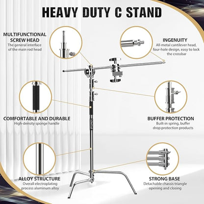 LOMTAP C Stand Light Stand Stainless Metal Photography Kit - Heavy Duty 10.8ft/330cm Vertical Pole, 4.2ft/128cm Boom Arm, Adjustable Base, Water Sandbag, 2 Grip Heads, 3 Clips for Softbox, Reflector
