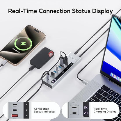 Powered USB C Hub, 10-in-1 USB 3.2 Data Hub with 3 x USB A/C 10Gbps, 3 x USBA 5Gbps, USB A 2.0, 100W PD-in, 2 x 24/45W Type-C Charging Ports (72W Adapter Included)