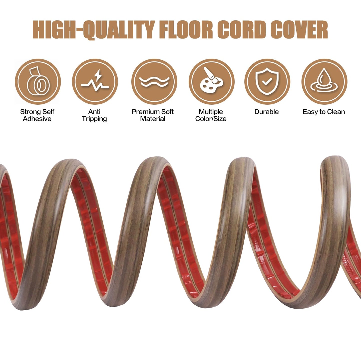 Floor Cord Cover Self Adhesive Cord Hider,3.3FT Cable Management, Extension Strip Protector for Wires, Prevent Cable Trips for Offices, Gyms, Exhibitions Cavity:0.3"(W) x0.28(H) Woodsmokedbrown