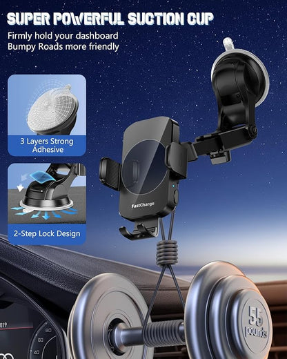 Wireless Car Charger, Fast Charging Phone Holder 3 in 1 Phone Mount Auto Clamping Car Accessories Compatible with iPhone 16 15 14 13 12 11 Xs XR, Samsung S23 Ultra S22 S21 S20/S10+ S9(Midnight Black)
