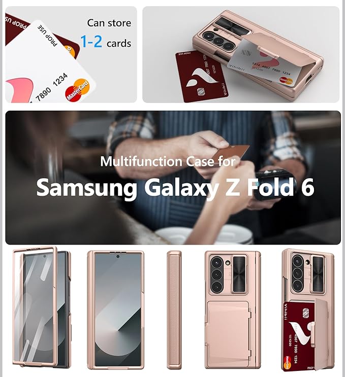 Vihibii for Samsung Galaxy Z Fold 6 Case with Card Holder & Slide Camera Cover & Screen Protector & Hinge Protection, Full Cover Shockproof Wallet Phone Case for Samsung Galaxy Z Fold 6, Rose Gold
