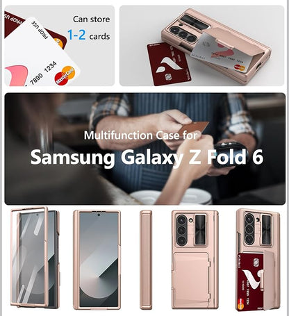 Vihibii for Samsung Galaxy Z Fold 6 Case with Card Holder & Slide Camera Cover & Screen Protector & Hinge Protection, Full Cover Shockproof Wallet Phone Case for Samsung Galaxy Z Fold 6, Rose Gold