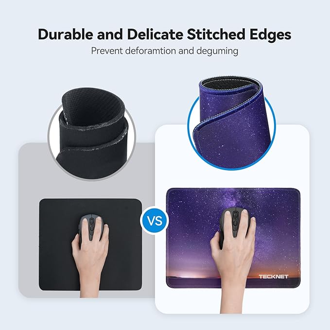 TECKNET Mouse Pad with Anti-fray Stitching, Waterproof Surface & Non-Slip Rubber Base with Stitched Edges Gaming Mouse Mat for Laptop，Compatible with Laser and Optical Mice- Dark Purple Galaxy