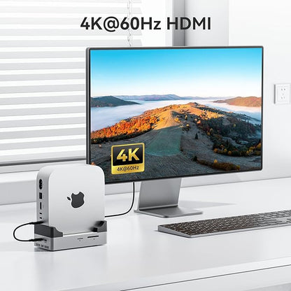 ANYOYO Mac mini M4 Dock and Stand, 10-in-1 Aluminum USB-C Hub with M.2 NVMe SSD Enclosure, 4K 60Hz Dual HDMI, 10 Gbps USB-C/A, 30W PD-in, Smart Fan Cooling, Wi-Fi Signal Friendly Design, Silver