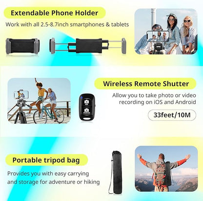 Sensyne 64" Camera Tripod Stand, Versatile Phone & iPad Tripod with Wireless Remote and 2-in-1 Phone Holder for Selfie/Video Recording/Photo/Live Stream/Vlog