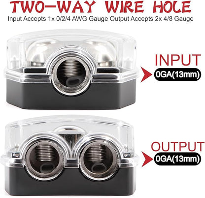 2 Way Power Distribution Block 1x 0 GA in 2X 0 GA Out Circuit Protector Distribution Connecting Blocks for Car Audio Splitter,2Pcs with Installation Kit