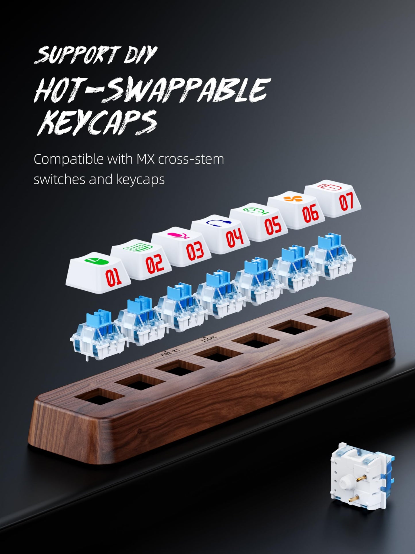 FEIFANZHE Walnut Wood 7-Port Powered USB 3.0 Hub, 5Gbps Data Transfer, Independent Hot-Swappable 3-Pin Mechanical Keyboard Switch Expander, RGB Backlit Docking Station-FU07