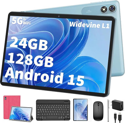 Android Tablet with Keyboard,10 inch Android 15 tablet, 24GB RAM 128GB ROM, 1TB Expand, Octa-Core, Widevine L1, 2.4G/5G WiFi, 8000mAh, Bluetooth, GMS, 2 in 1 Tablet with Case, Mouse, Stylus（Pink)