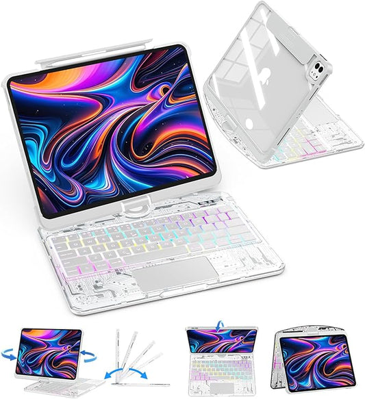 SIBEITU Keyboard Case for iPad Pro 13 Inch M5 2025 / M4 2024, Clear Wireless Keyboard iPad Pro 13inch Cover with Multi-Touch Trackpad, 7-Color Backlight & 3-Brightness, Visible PCB Tech Design, White
