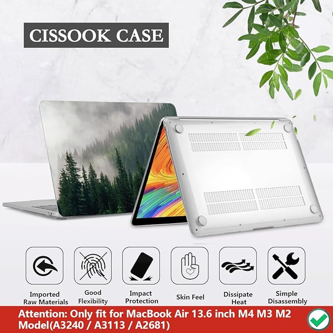 CISSOOK Compatible with MacBook Air 13.6 inch Case A3240 A3113 A2681 2025 2024 2022 Release, Forest Hard Shell Case with Keyboard Cover Type C to USB Transfer for MacBook Air 13.6 M2 M3 M4, Forest