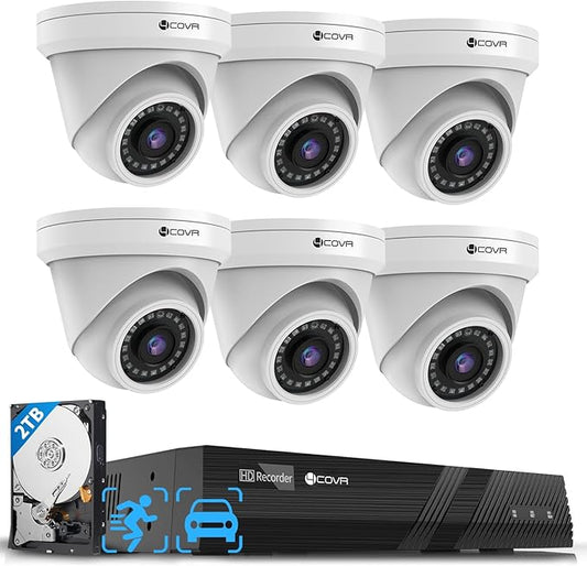 4COVR PoE Security Camera System, AI Human Vehicle Detection, 8CH 4K H.265 NVR 2TB HDD, 6Pcs 5MP Wired Commercial Dome IP Camera IP67 Night Vision, 24/7 Home Surveillance Outdoor, LY97AX5M0806