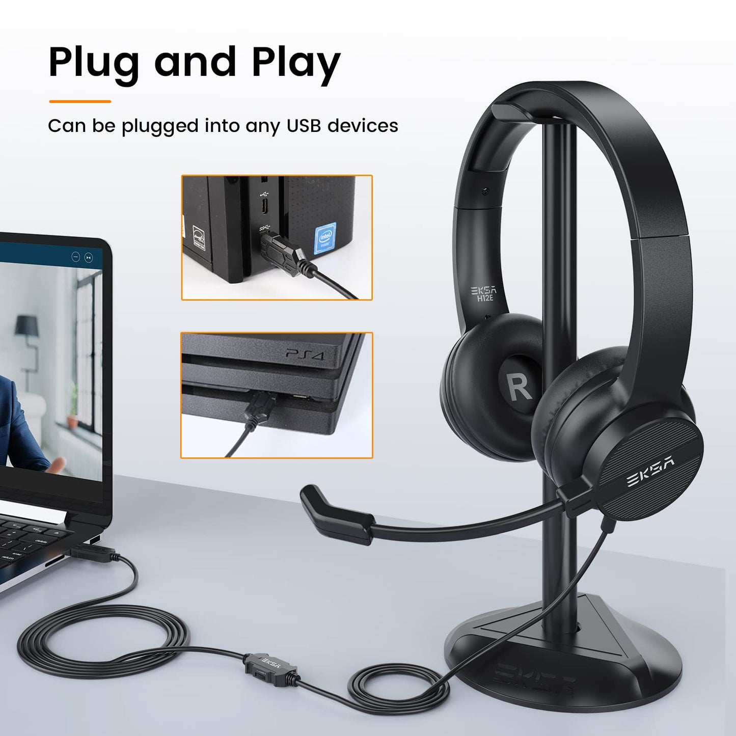 USB Headset with Microphone for PC Laptop, Wired Computer Headset Environmental Noise Canceling Headphones with Mic Mute & Volume Control, On Ear Lightweight Comfort for Work, Office/Call Center/Skype