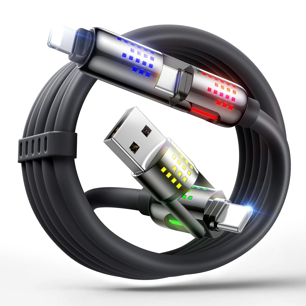 MAGIC JOHN 240W 4 in 1 Charging Cable, 6.6FT USB C to Lightning Cable [MFi Certified], Multi Chargers for All Devices, Chubby USB A/C to C/Lightning with Light for iPhone/MacBook/iPad/Samsung/Switch 2