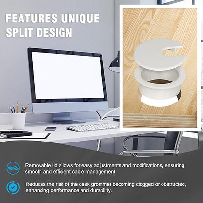 1-3/8" White Desk Grommet, JTemgle Plastic Cable Hole Cover Computer Table Cord Wire Organizer Caps Desktop Cord Management for Home Office TV Stands Tabletops, 2 Pieces