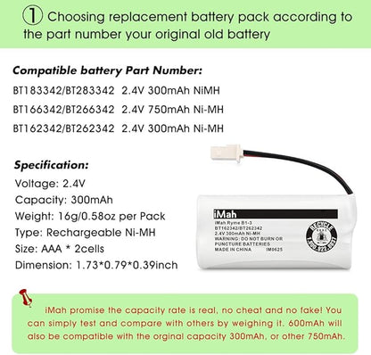 iMah BT162342/BT262342 Cordless Phone Batteries Compatible with VTech CS6409 CS6419 CS6429 CS80100 AT&T CL81101 EL5210 EL52400 Handset Telephone (Pack of 6)