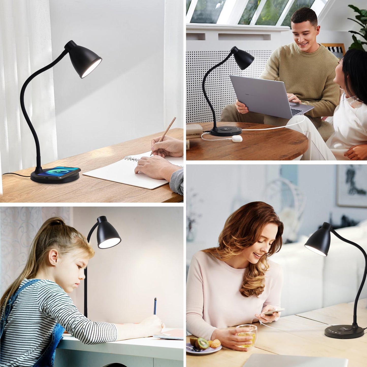 BOHON Desk Lamp for Home Office with USB C+A Charging Ports Timer Black