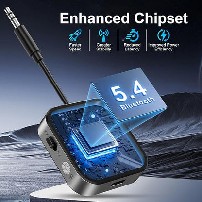 2025 Pro Bluetooth 5.4 Transmitter Receiver, 2-in-1 Wireless Audio Adapter for Airplane/TV/PC/Gym - Dual Link Headphone, Low Latency, Battery Display, Built-in Mic, 30H Playtime, Aviation Metal Frame