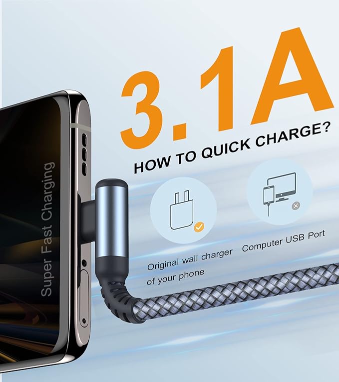 sweguard USB Type C iPhone 16 Pro Max Charger Cable Right Angle [2-Pack,6.6FT] 3.1A Fast Charging Cord for iPhone 16 15 Pro Max, Samsung Galaxy S25 S24 S23 S22 S21 S20 S10 A53 Note Flip Pixel LG Moto