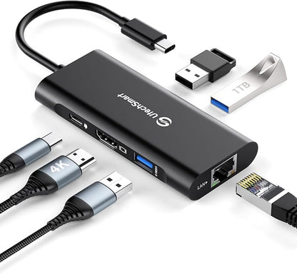UtechSmart USB C Hub, Ethernet Multiport Adapter 6 in 1 USB C to HDMI Dock Compatible for MacBook Pro/Air, Chromebook, Dell XPS, HP and Type C Devices (Gigabit Ethernet 100W PD 4K HDMI USB 3.0) Black