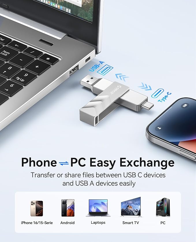 ORICO 2TB Portable Solid State Drive, 1050MB/s Dual-Port Rotating Metal External SSD with 90° Click-Stop, Reliable Storage for iPhone 16, 15 Series, Type-C Smartphone, Mac, Audio, Vehicle - A101