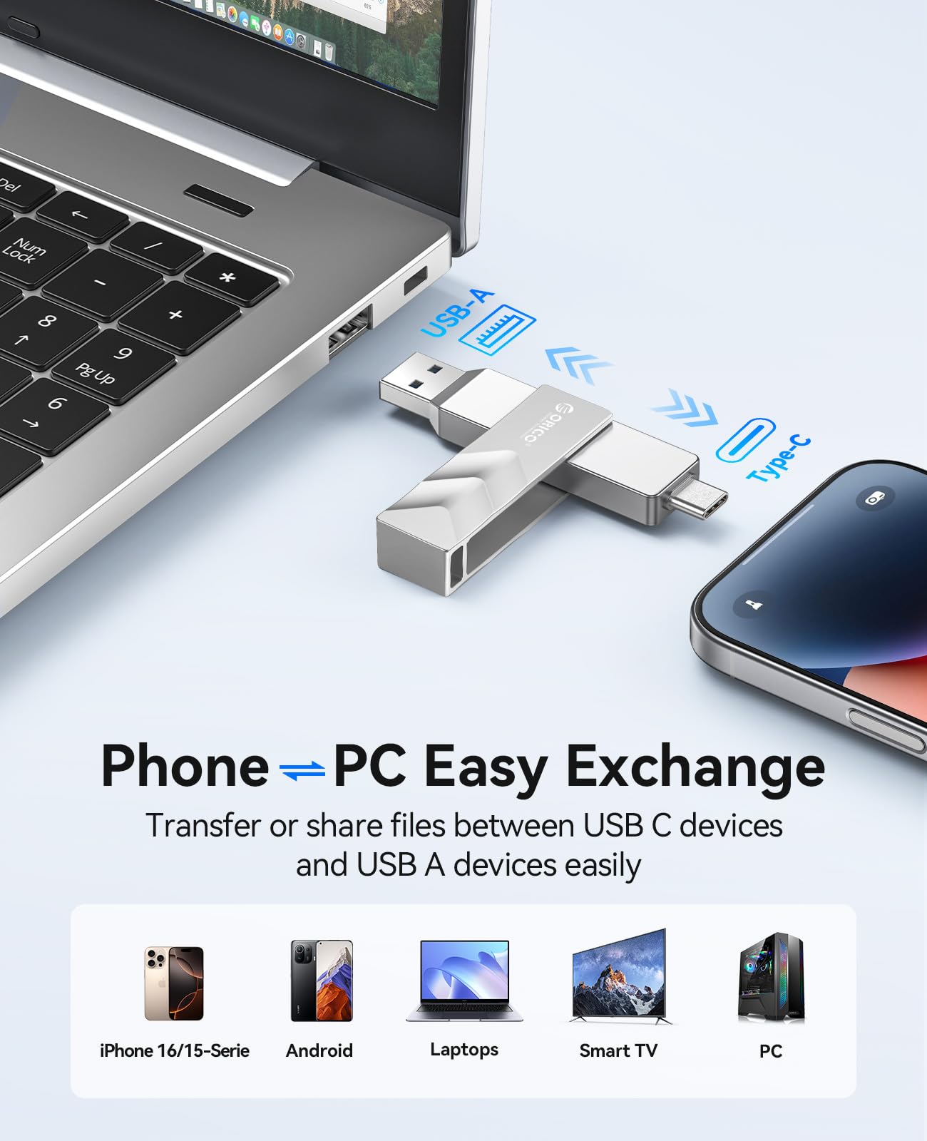 ORICO 1TB Portable Solid State Drive, 1050MB/s Dual-Port Rotating Metal External SSD with 90° Click-Stop, Reliable Storage for iPhone 17, 16 Series, Type-C Smartphone, Mac, Audio, Vehicle - A101