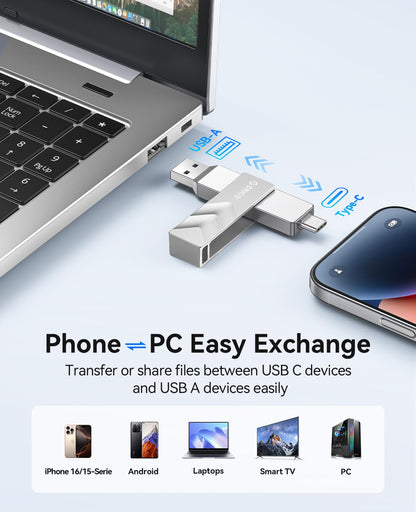 ORICO 1TB Portable Solid State Drive, 1050MB/s Dual-Port Rotating Metal External SSD with 90° Click-Stop, Reliable Storage for iPhone 17, 16 Series, Type-C Smartphone, Mac, Audio, Vehicle - A101